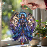 Guardian Angel Acrylic Suncatcher, Stained Glass Style Blue Winged Art, Spiritual Window Decor, Celestial Gift for Faith and Home