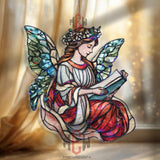 Reading Angel Acrylic Suncatcher, Stained Glass Style Window Art, Fairy with Book Decor, Spiritual Gift for Book and Angel Lovers