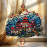 Asian Temple Acrylic Suncatcher, Stained Glass Style Mountain Landscape Art, Zen Window Decor, Travel Inspired Gift for Home