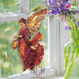 Golden Angel Acrylic Suncatcher, Stained Glass Style Red Winged Art, Celestial Window Decor, Spiritual Gift for Home and Faith