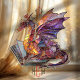 Book Dragon Acrylic Suncatcher, Stained Glass Style Fantasy Decor, Reading Dragon Window Art, Gift for Book and Magic Lovers
