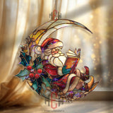 Santa Moon Acrylic Suncatcher, Stained Glass Style Christmas Decor, Santa Reading Ornament, Holiday Window Hanging Gift