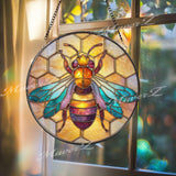 Bee Stained Glass Suncatcher, Honeycomb Window Decor, Colorful Bee Sun Catcher, Nature Lover Gift, Garden Window Hanging Art