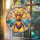 Bee Stained Glass Suncatcher, Honeycomb Window Decor, Colorful Bee Sun Catcher, Nature Lover Gift, Garden Window Hanging Art