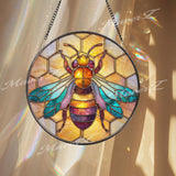 Bee Stained Glass Suncatcher, Honeycomb Window Decor, Colorful Bee Sun Catcher, Nature Lover Gift, Garden Window Hanging Art