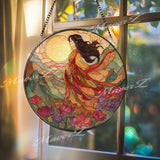Goddess Stained Glass Suncatcher, Sunrise Woman Window Art, Floral Mountain Sun Catcher, Spiritual Gift, Boho Window Decor