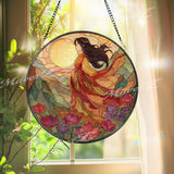 Goddess Stained Glass Suncatcher, Sunrise Woman Window Art, Floral Mountain Sun Catcher, Spiritual Gift, Boho Window Decor