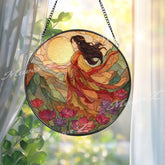 Goddess Stained Glass Suncatcher, Sunrise Woman Window Art, Floral Mountain Sun Catcher, Spiritual Gift, Boho Window Decor