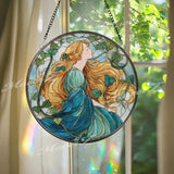Art Nouveau Stained Glass Suncatcher, Woman with Golden Hair Window Art, Nature Goddess Sun Catcher, Boho Glass Decor, Handmade Gift