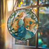 Art Nouveau Stained Glass Suncatcher, Woman with Golden Hair Window Art, Nature Goddess Sun Catcher, Boho Glass Decor, Handmade Gift
