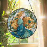 Art Nouveau Stained Glass Suncatcher, Woman with Golden Hair Window Art, Nature Goddess Sun Catcher, Boho Glass Decor, Handmade Gift