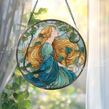 Art Nouveau Stained Glass Suncatcher, Woman with Golden Hair Window Art, Nature Goddess Sun Catcher, Boho Glass Decor, Handmade Gift
