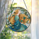 Art Nouveau Stained Glass Suncatcher, Woman with Golden Hair Window Art, Nature Goddess Sun Catcher, Boho Glass Decor, Handmade Gift