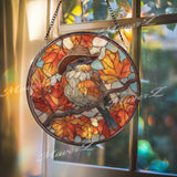 Autumn Bird Stained Glass Suncatcher, Fall Leaves Window Art, Cowboy Hat Sun Catcher, Rustic Glass Decor, Woodland Nature Gift