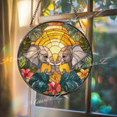 Elephant Stained Glass Suncatcher, Jungle Sunset Window Art, Tropical Sun Catcher, Safari Animal Decor, Handmade Nature Gift