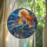 Mermaid Stained Glass Suncatcher, Ocean Moon Window Art, Fantasy Sea Sun Catcher, Nautical Glass Decor, Gift for Mermaid Lover
