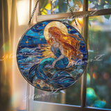 Mermaid Stained Glass Suncatcher, Ocean Moon Window Art, Fantasy Sea Sun Catcher, Nautical Glass Decor, Gift for Mermaid Lover