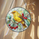 Yellow Bird Stained Glass Suncatcher, Songbird Window Art, Nature Sun Catcher, Floral Glass Decor, Handmade Gift for Bird Lovers