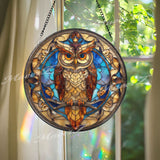 Owl Stained Glass Suncatcher, Wisdom Bird Window Art, Nocturnal Sun Catcher, Blue Gold Glass Decor, Handmade Gift for Owl Lovers