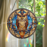 Owl Stained Glass Suncatcher, Wisdom Bird Window Art, Nocturnal Sun Catcher, Blue Gold Glass Decor, Handmade Gift for Owl Lovers