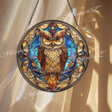 Owl Stained Glass Suncatcher, Wisdom Bird Window Art, Nocturnal Sun Catcher, Blue Gold Glass Decor, Handmade Gift for Owl Lovers