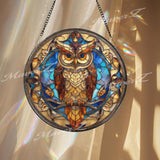 Owl Stained Glass Suncatcher, Wisdom Bird Window Art, Nocturnal Sun Catcher, Blue Gold Glass Decor, Handmade Gift for Owl Lovers