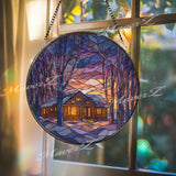 Winter Cabin Stained Glass Suncatcher, Snowy Forest Window Art, Cozy Home Sun Catcher, Rustic Glass Decor, Holiday Gift for Nature Lover