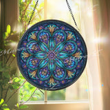 Mandala Stained Glass Suncatcher, Blue Floral Window Art, Boho Sun Catcher, Sacred Geometry Glass Decor, Meditation Gift, Zen Home