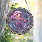 Jellyfish Stained Glass Suncatcher, Ocean Window Art, Marine Life Sun Catcher, Purple Sea Glass Decor, Beach Lover Gift, Nautical Home