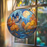 Castle Stained Glass Suncatcher, Fantasy Window Hanging Art, Autumn Landscape Glass Decor, Fairytale Home Decoration Gift