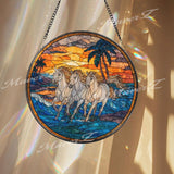 Running Horses Stained Glass Suncatcher, Ocean Sunset Window Art, Wild Horse Decor, Beach Scene Glass Ornament, Nature Gift