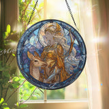 Elven Goddess Stained Glass Suncatcher, Fantasy Moon Art, Golden Elf Window Hanging, Mythical Deer Design, Magical Gift Decor