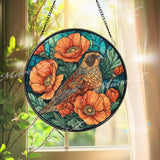Bird and Poppy Stained Glass Suncatcher, Floral Window Art, Nature Glass Decor, Orange Flower Design, Garden Lover Gift