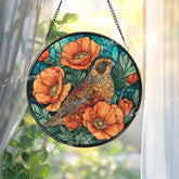 Bird and Poppy Stained Glass Suncatcher, Floral Window Art, Nature Glass Decor, Orange Flower Design, Garden Lover Gift