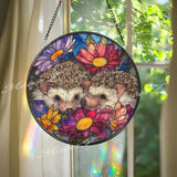 Hedgehog Stained Glass Suncatcher, Floral Window Art, Cute Animal Decor, Colorful Garden Glass Ornament, Nature Lover Gift