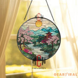 Japanese Cherry Blossom Stained Glass Suncatcher Mount Fuji Pagoda Window Panel Tranquil Zen Landscape Decor Asian