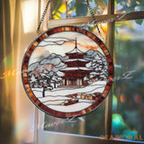 Japanese Pagoda Winter Stained Glass Suncatcher Snowy Temple Window Hanging Art Round Japan Landscape Glass Panel Zen