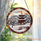 Japanese Pagoda Winter Stained Glass Suncatcher Snowy Temple Window Hanging Art Round Japan Landscape Glass Panel Zen