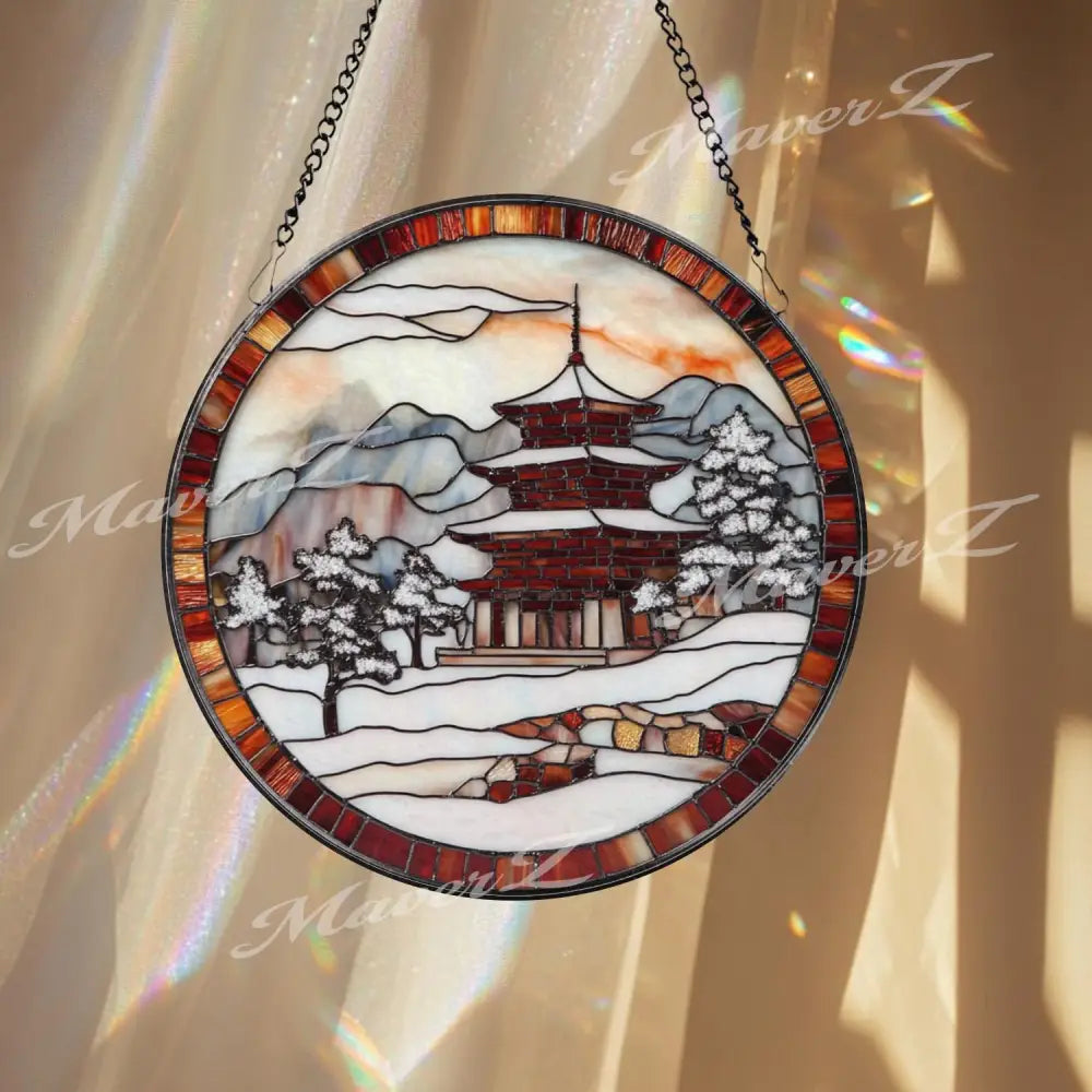 Japanese Pagoda Winter Stained Glass Suncatcher Snowy Temple Window Hanging Art Round Japan Landscape Glass Panel Zen