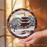 Japanese Pagoda Winter Stained Glass Suncatcher Snowy Temple Window Hanging Art Round Japan Landscape Glass Panel Zen