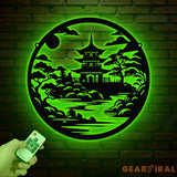 Japanese Temple Art Bonsai Tree Metal Wall Art with Led Lights Japanese Theme Wall Sign Bedroom Wall Art Japanese