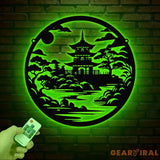 Japanese Temple Art Bonsai Tree Metal Wall Art with Led Lights Japanese Theme Wall Sign Bedroom Wall Art Japanese