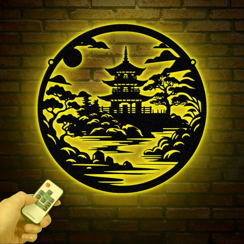 Japanese Temple Art Bonsai Tree Metal Wall Art with Led Lights Japanese Theme Wall Sign Bedroom Wall Art Japanese