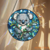 Koala Stained Glass Suncatcher Cute Aussie Animal Window Hanging Round Eucalyptus Forest Glass Art Wildlife Gift for