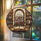 Library Window Bookshelf Suncatcher Vintage Stained Glass Panel with Open Book and Roses Reading Room Decor Gift for