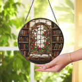 Library Window Stained Glass Suncatcher Book Lover Glass Panel Arched Floral Window Hanging Cozy Reading Nook Decor Gift