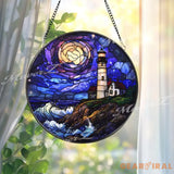 Lighthouse Ocean Sunset Stained Glass Suncatcher Coastal Nautical Window Panel Round Glass Lighthouse Decor Seaside