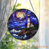 Lighthouse Ocean Sunset Stained Glass Suncatcher Coastal Nautical Window Panel Round Glass Lighthouse Decor Seaside