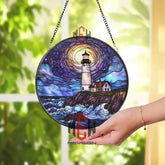 Lighthouse Stained Glass Suncatcher Nautical Ocean Window Hanging Panel Coastal Beach House Decor Seaside Light Gift