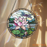 Lotus Flower and Dragonfly Stained Glass Suncatcher Round Window Panel for Zen Garden Decor Tranquil Nature Gift